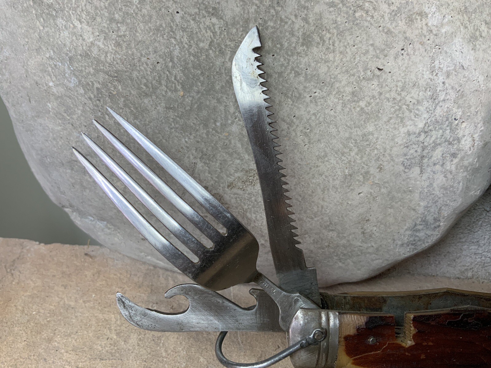 Vtg Camp Multi Tool 11 Gadgets Full Size Spoon Fork Saw Knife Open Hi Test Japan