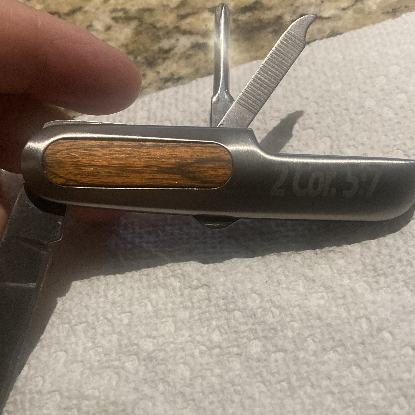 7-Tool Folding Multi-Tool Pocket Knife Wood Inlay, SS Straight Edge, Lanyard