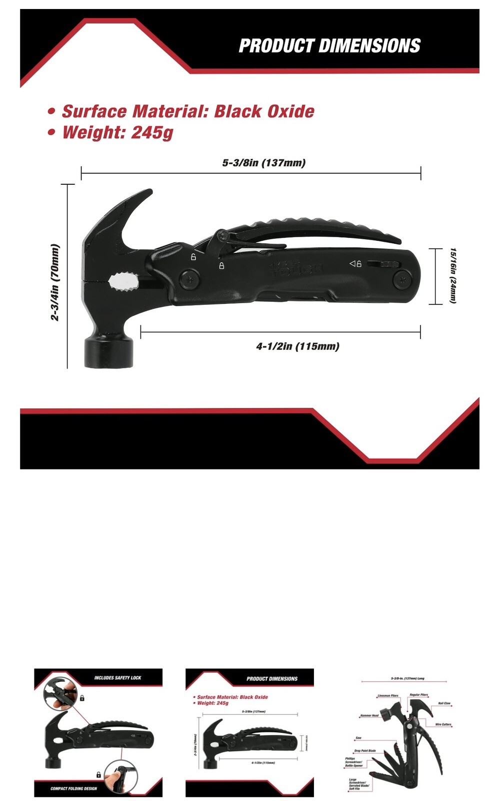 Hyper Tough 12-in-1 Hammer Multitool, Black, Holiday Gift, Model 42865