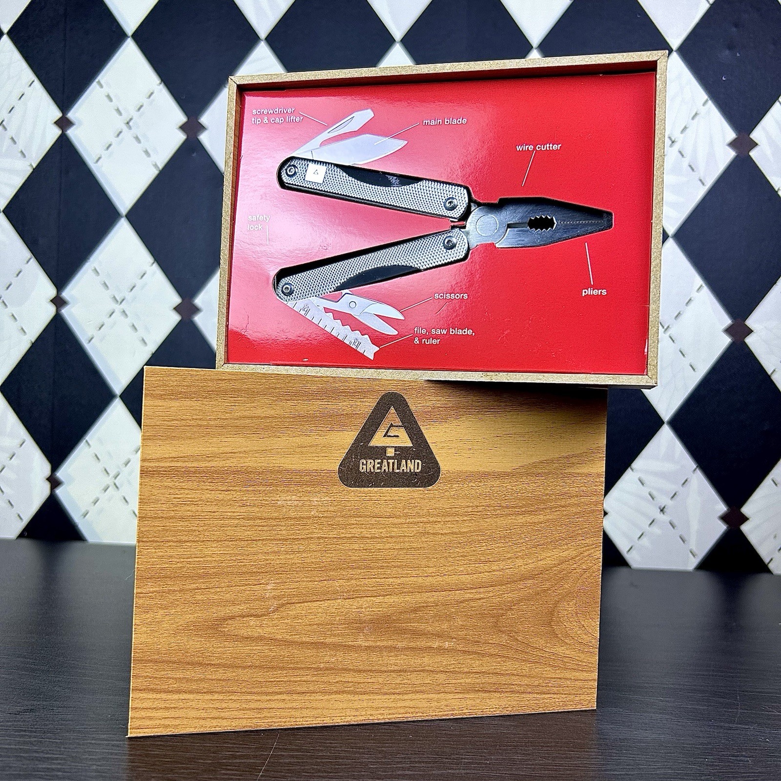 Multi Tool Stainless Steel Pliers Knife Set New in Faux Wood Box Greatland