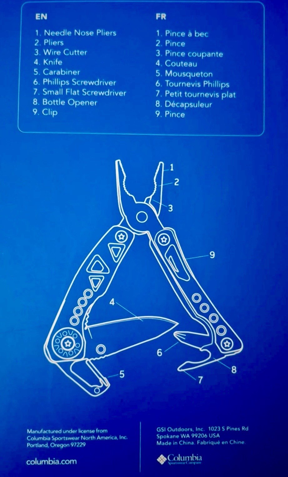 Columbia 9 Function Multi-Tool New Condition Pliers, Knife, Screw Drivers