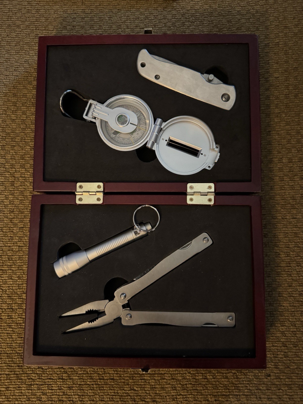 Stainless Multi Tool Flashlight Compass Knife Gift Set with Hardwood case