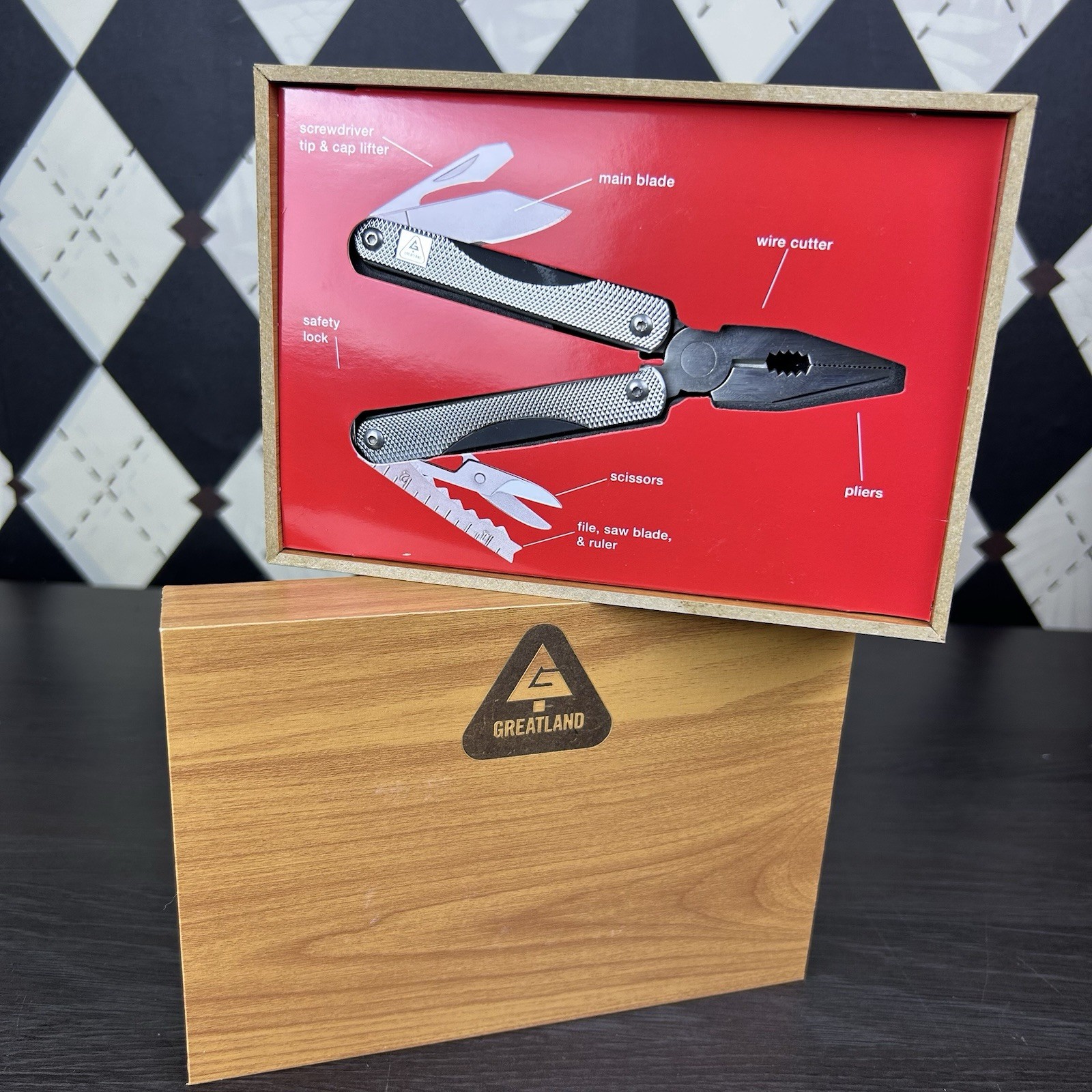 Multi Tool Stainless Steel Pliers Knife Set New in Faux Wood Box Greatland