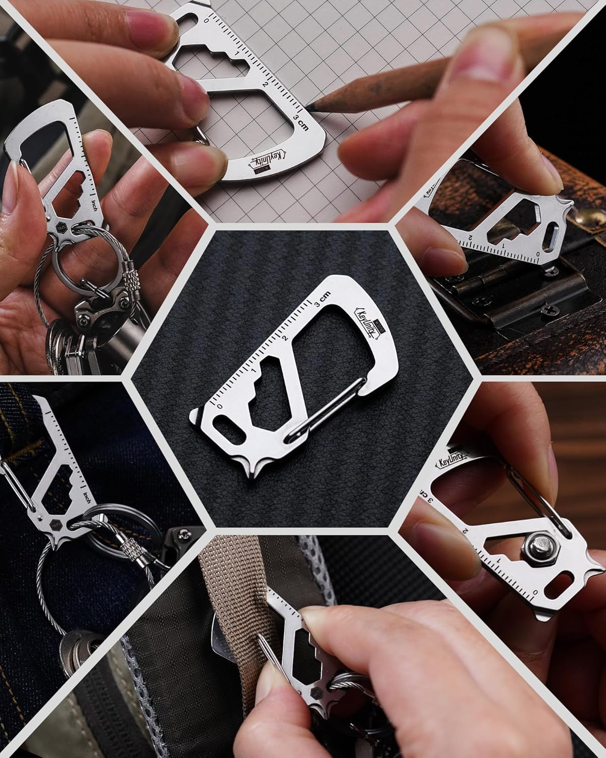 KS00S Carabiner Clip Multitool Stainless Steel 7 Tools in 1, Quick Release Clasp
