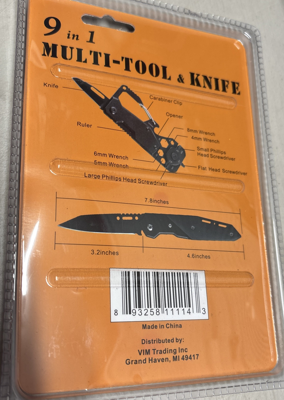 9-In-1 Pocket Knife And Multi-tool, Black, Unbranded, New In Package Carabiner
