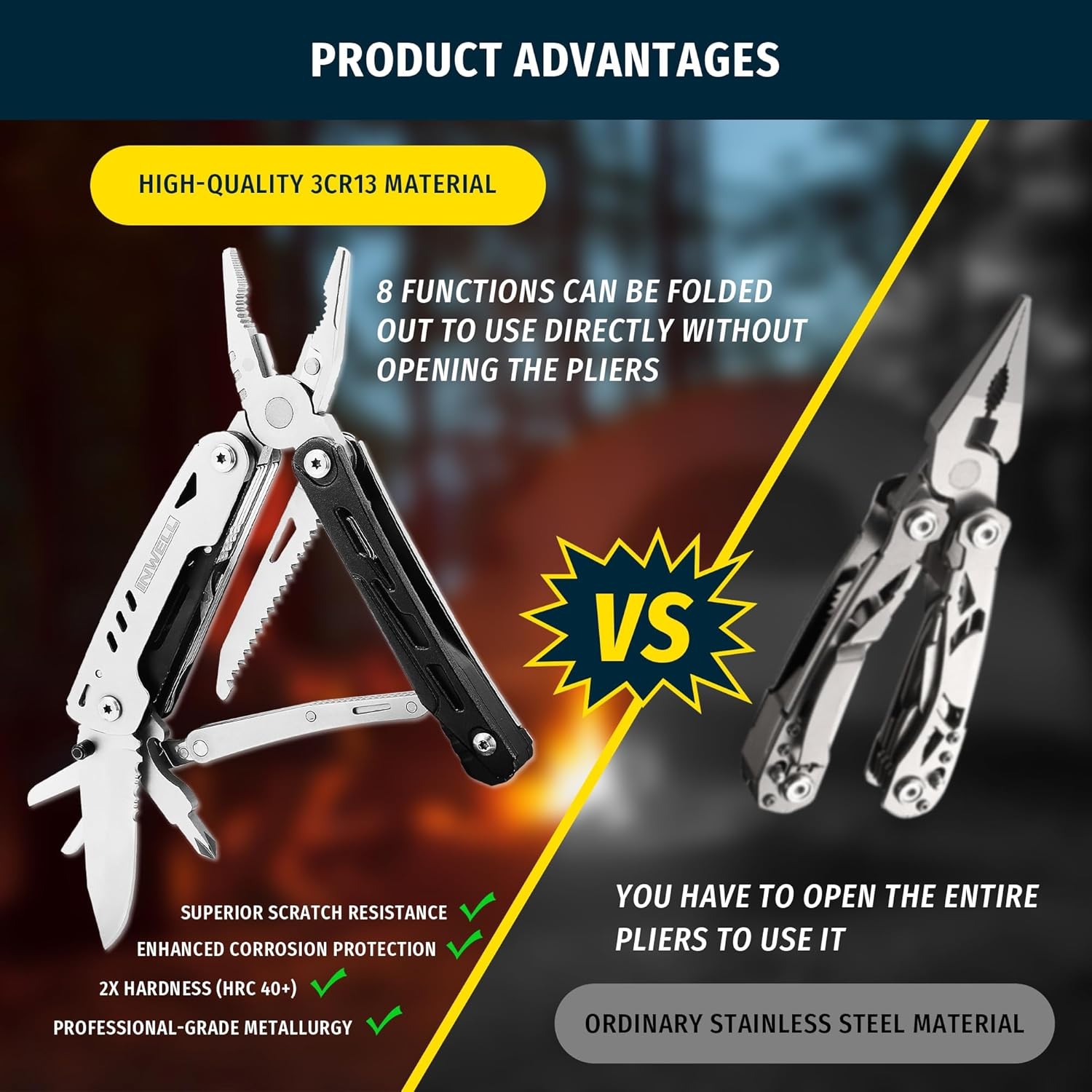 12-in-1 Multitool Pliers W/ Safety Lock Fire Starter & Whistle Stainless Steel
