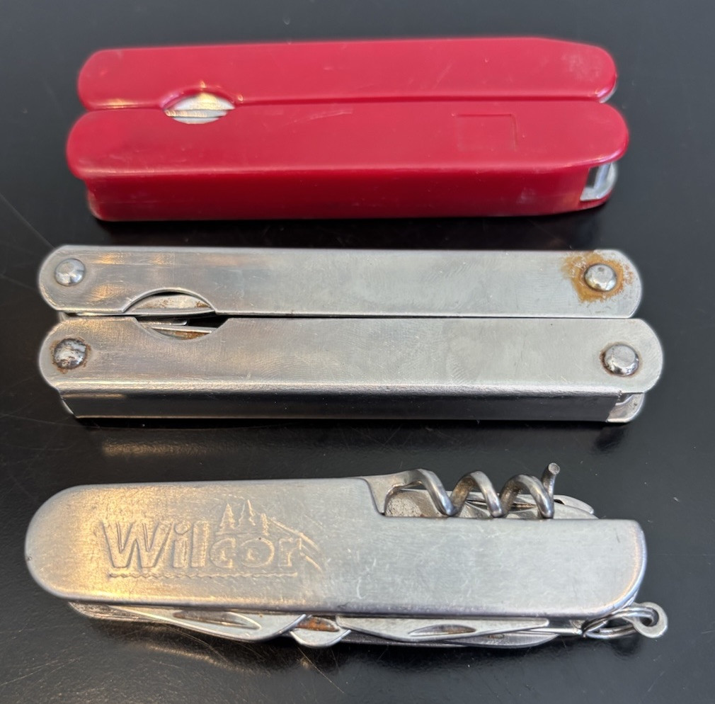 Lot Of 3 Camping Hunting Multi Tool Knives Stainless China & Wilcor Silver & Red