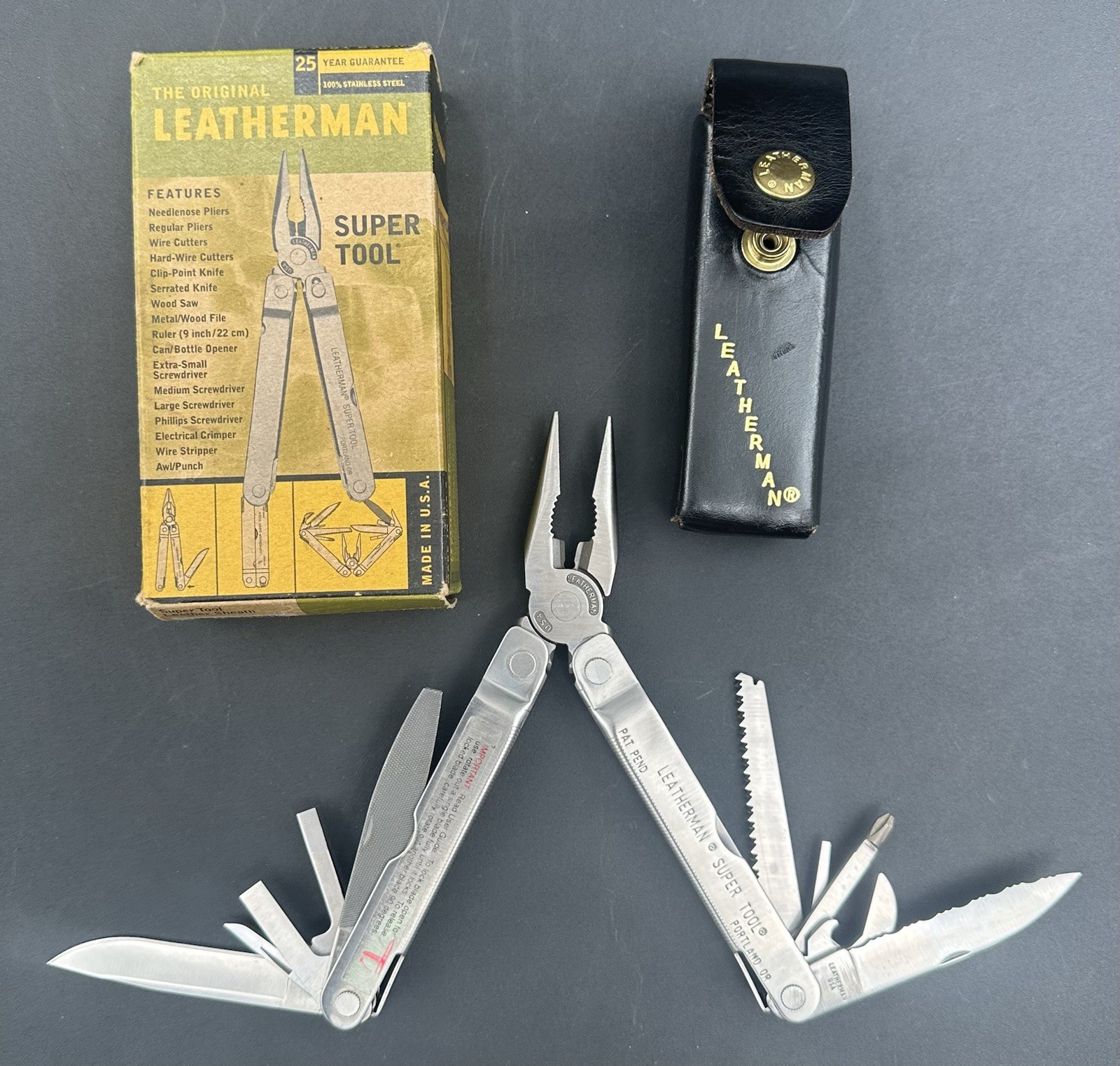 Original Leatherman Super Tool Sheath Box Portland Oregon Pat Pend Badger Meter