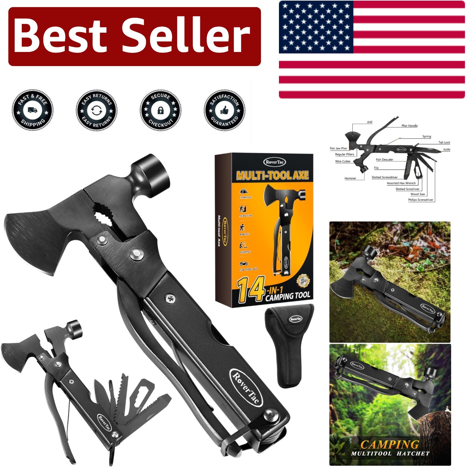 All-in-One 14-in-1 Multitool for Camping & Survival – Black Stainless Steel
