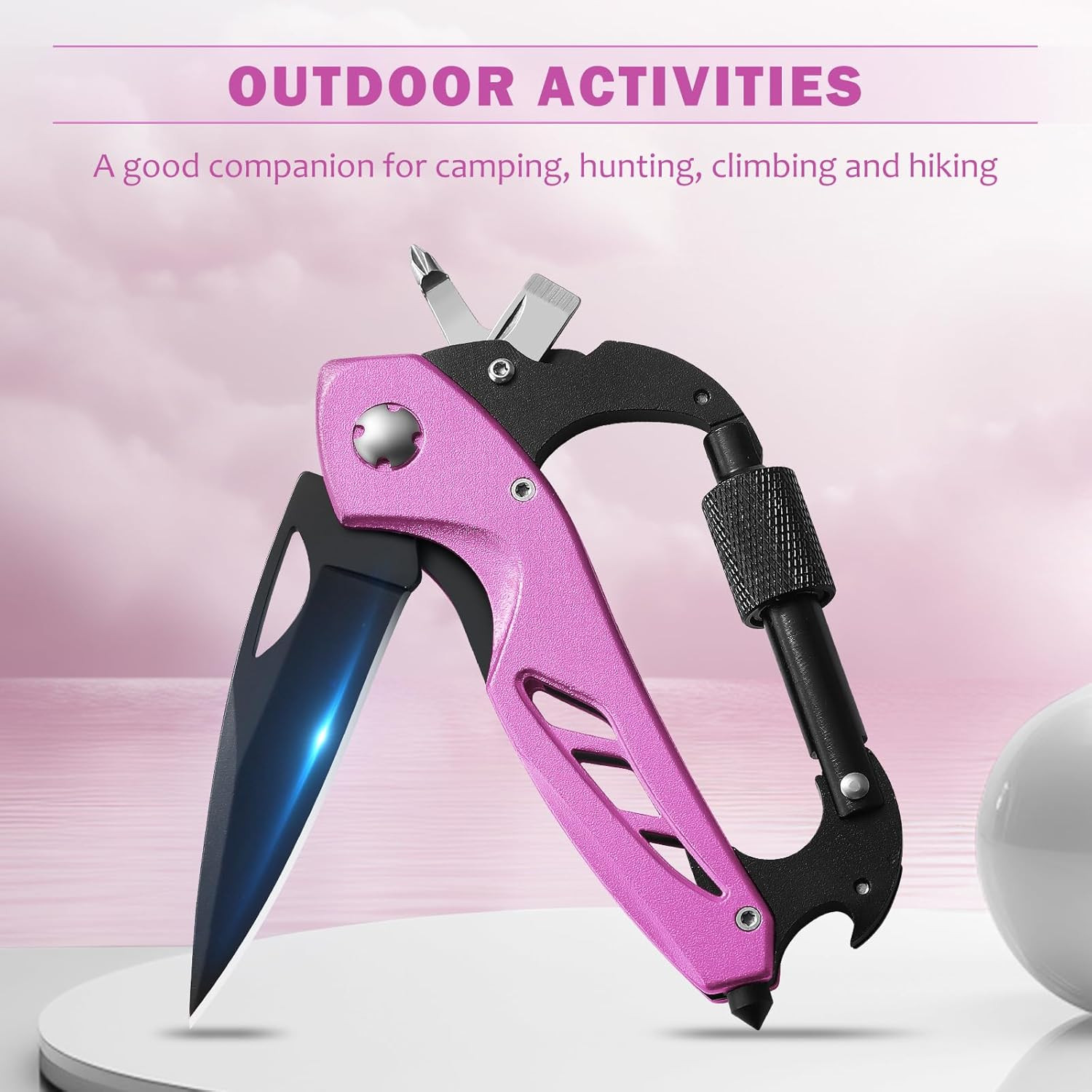 Pink Multitool Carabiner Knife for Women Men,Survival Gear for Camping Hiking，Ed