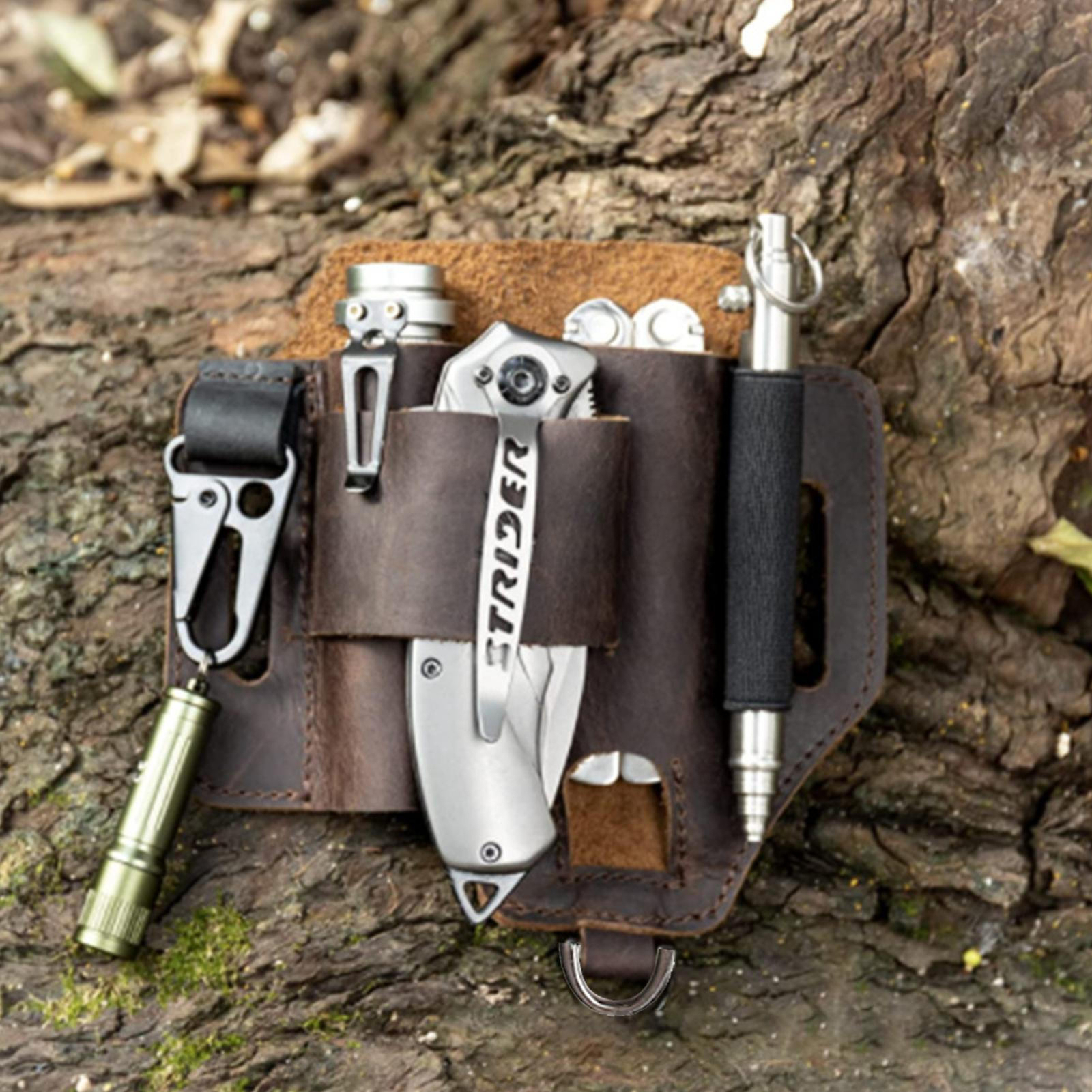 EDC Leather Sheath Holster Multitool Belt Organize Flashlight Pen Keychain Pouch
