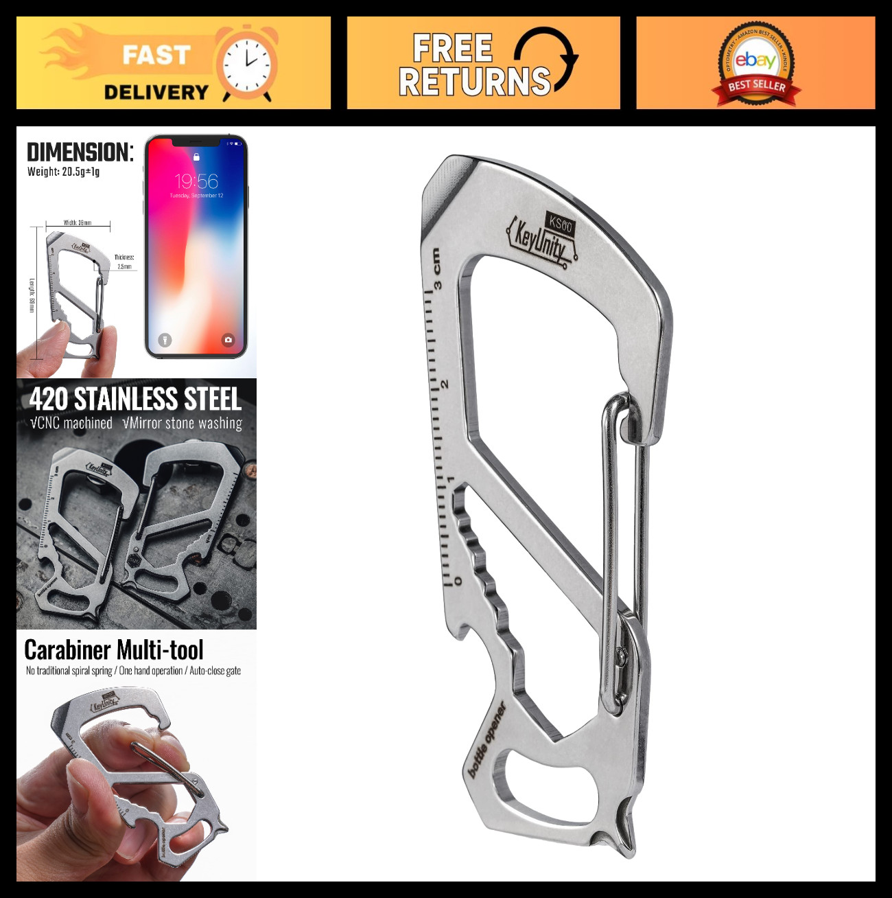 7-in-1 Stainless Steel Multitool Carabiner Clip with Quick Release, Wrench, Scre