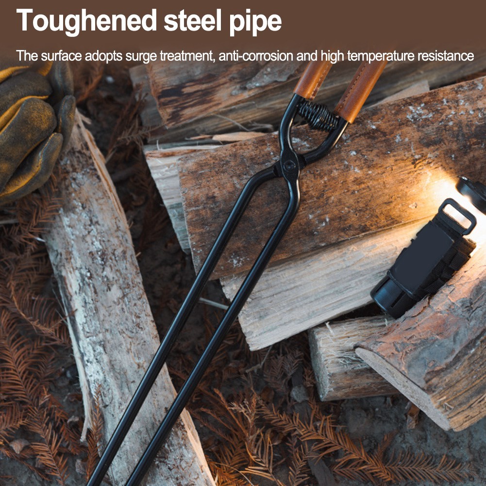 High Strength Fire Tongs for Campsite Cooking with Leather Wrapped Handle