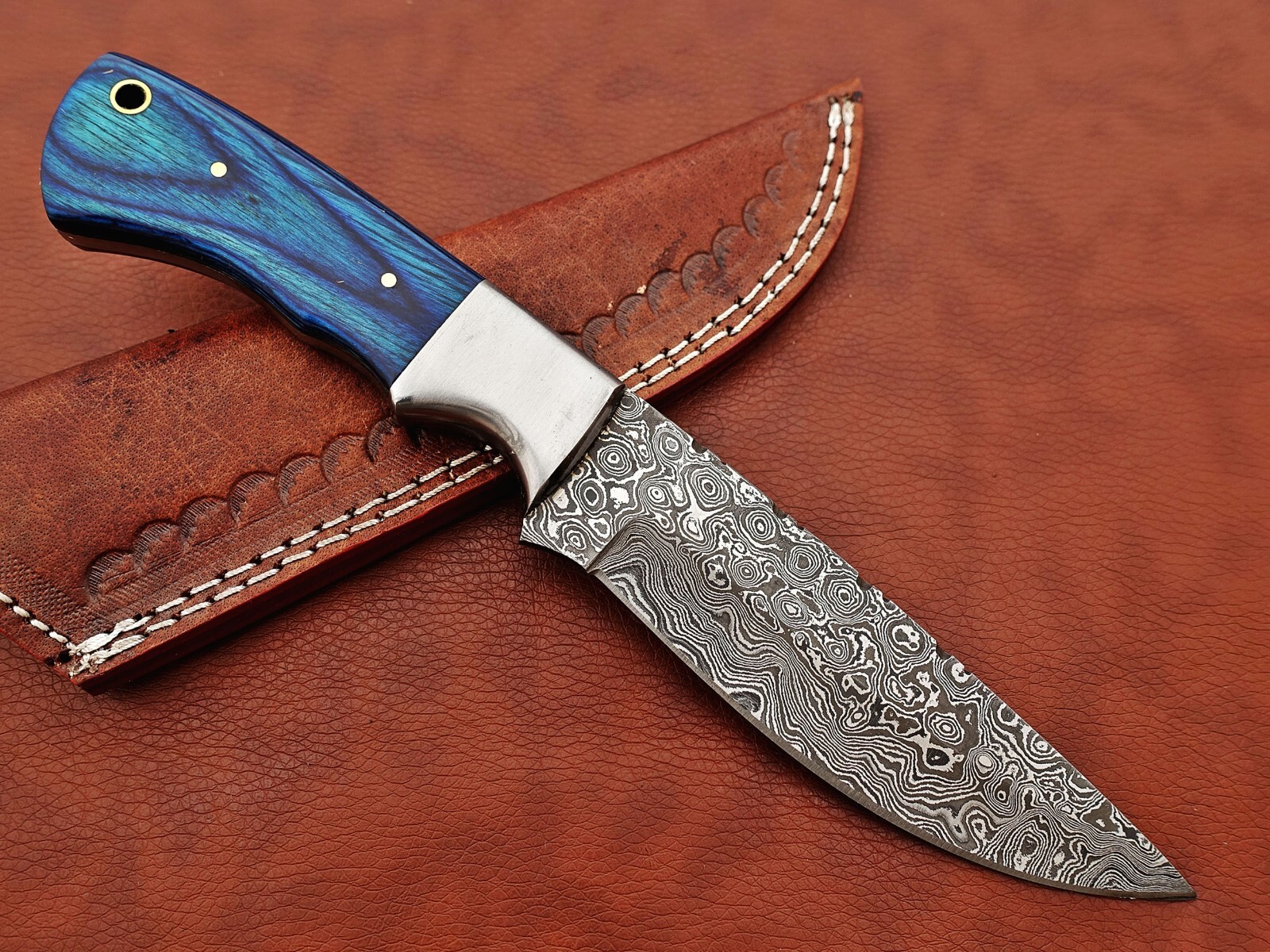 9.5″ Rain drop Damascus steel Blue wood scale Skinning knife W/ Leather sheath