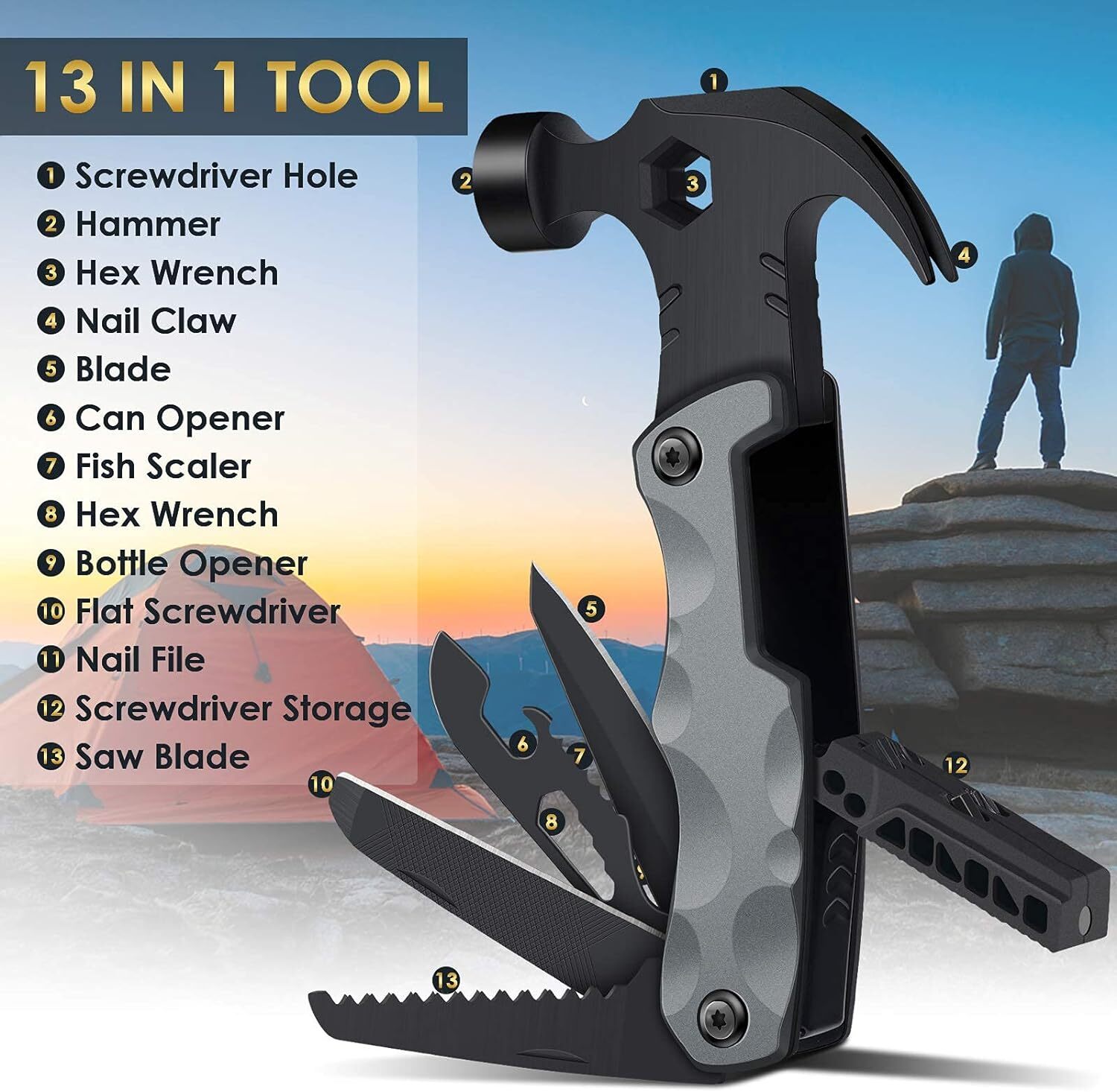 Multitool Camping Accessories Stocking Stuffers 4Men 13 In 1 Survival Multi Tool