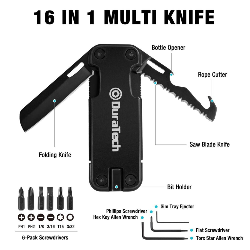 DuraTech 16-in-1 Multitool Knife EDC Pocket Multi Tool Locking Blade Rope Cutter