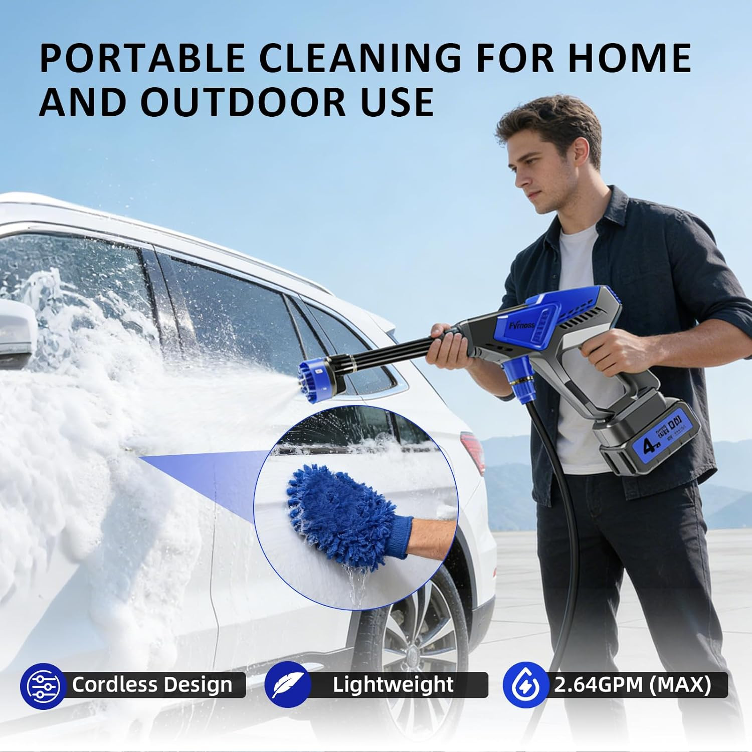 Cordless Portable Pressure Washer 6-in-1 Nozzle Handheld Cleaner Car Patio Home