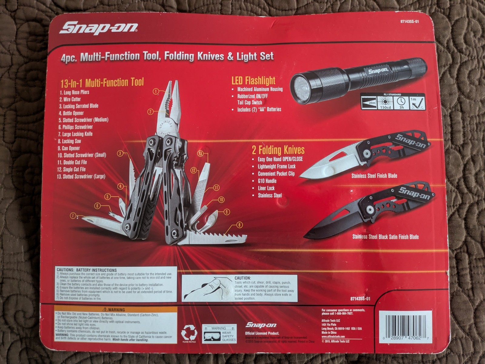 Snap-on Tools 4pc Set 13 in1 Multi-function Tool 2 Folding Knives LED Flashlight