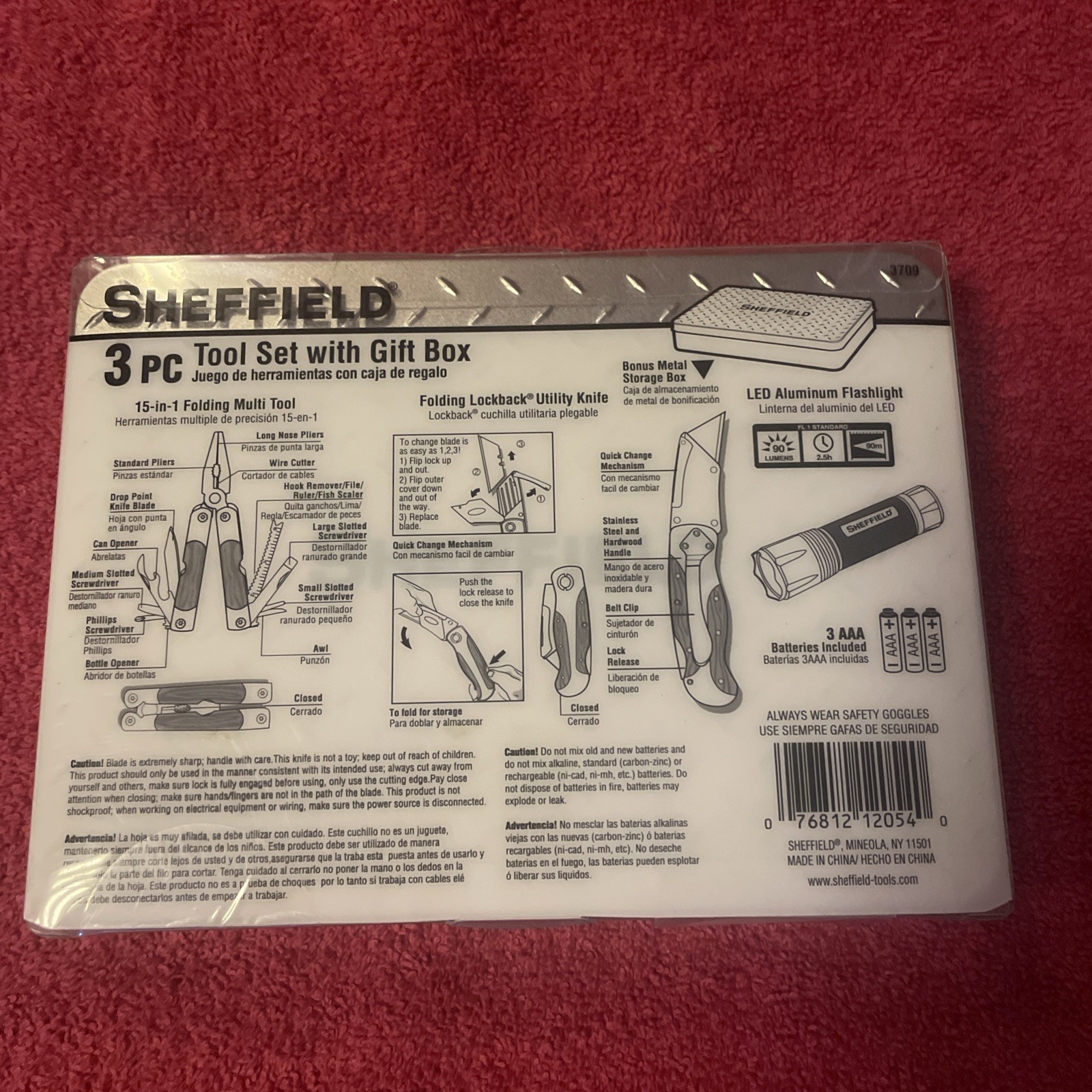 NEW Sheffield 3 Pc Tool Set With Tin Box Multi Tool Utility Knife Flashlight