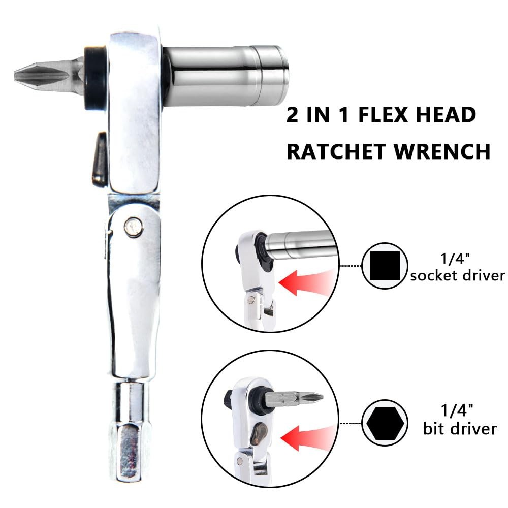 Flex Head Ratchet Wrench,2 in 1 Mini Hex Bits Adapters for Socket & Bit Drive…