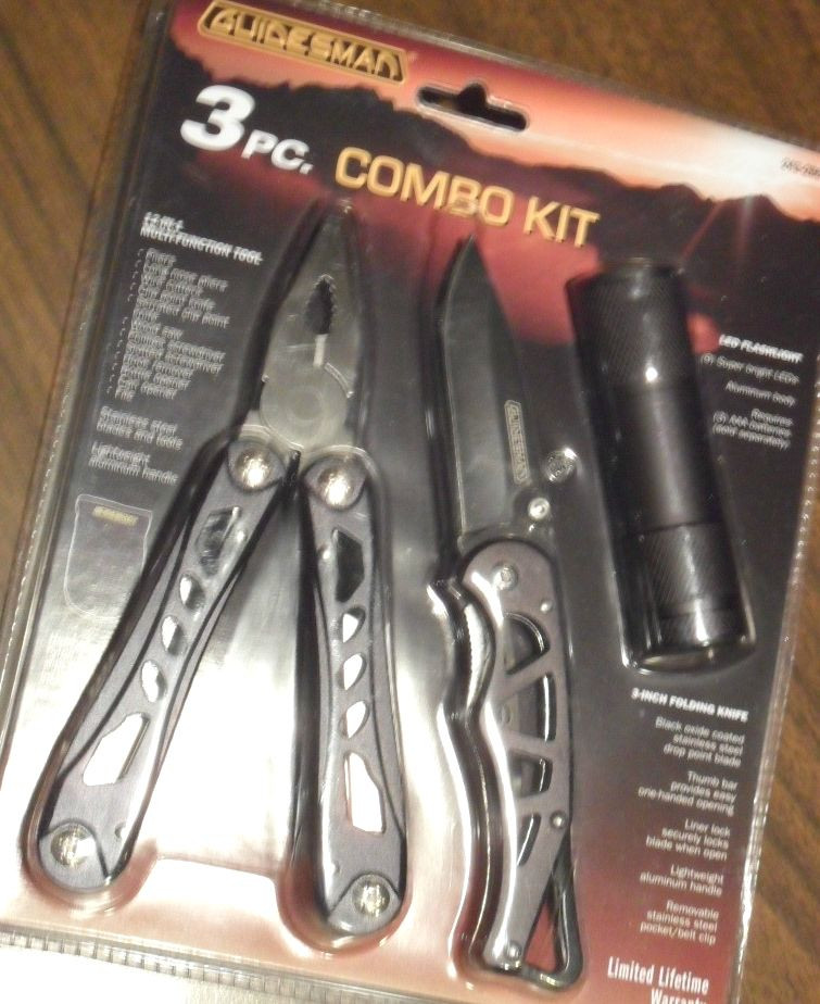 Guidesman 3 pc Combo Kit, Stainless Steel Blade Knife+Flash Light+12-in-One Tool