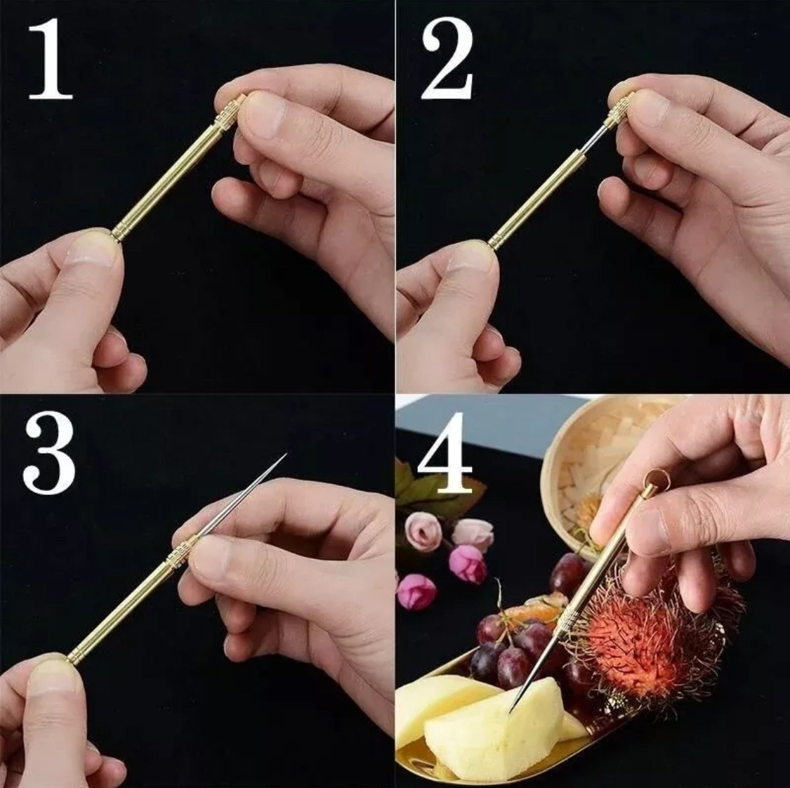 5PC Outdoor Camping Titanium Toothpick Holder Fruit Fork Keychain Floss Travel