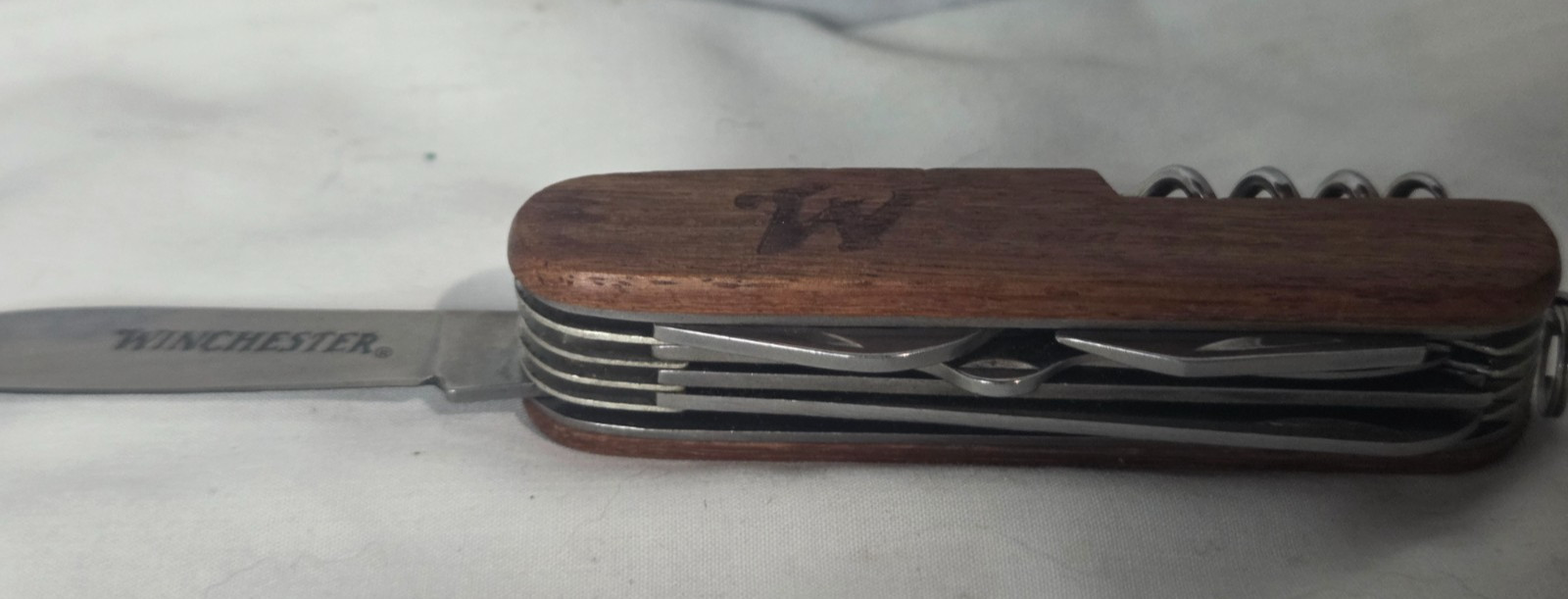 Vtg Winchester 11 Function Multi-tool Pocket Knife Wood Handle w/Saw & Scissors