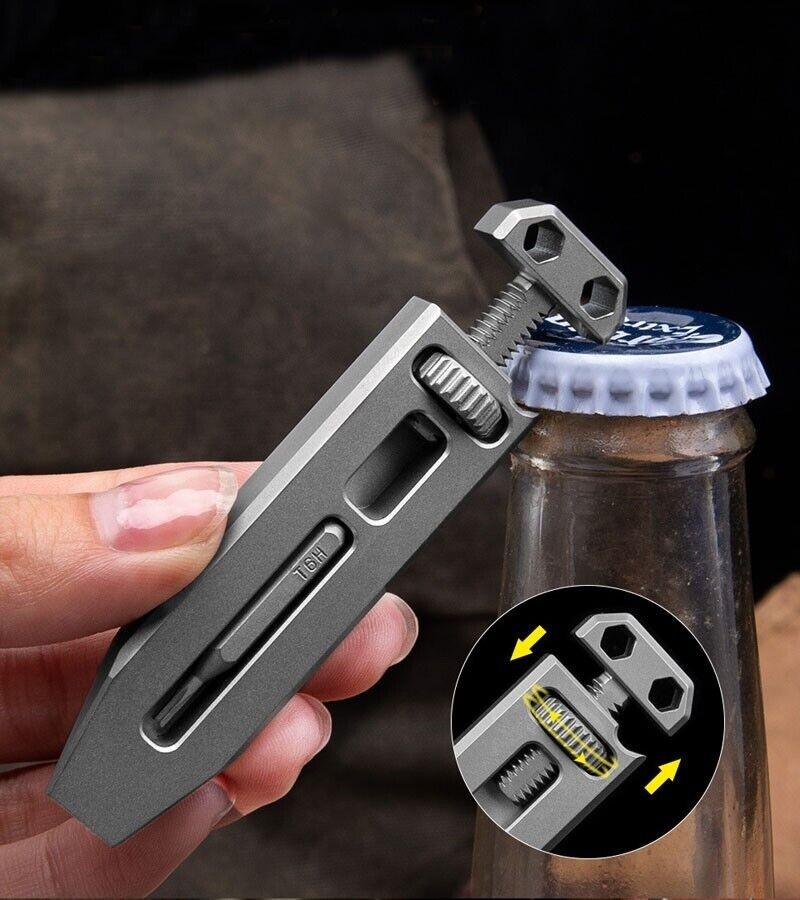 Mini Titanium Multi Tools Adjustable Wrench Pocket EDC Pry Bar Crowbar with Bits