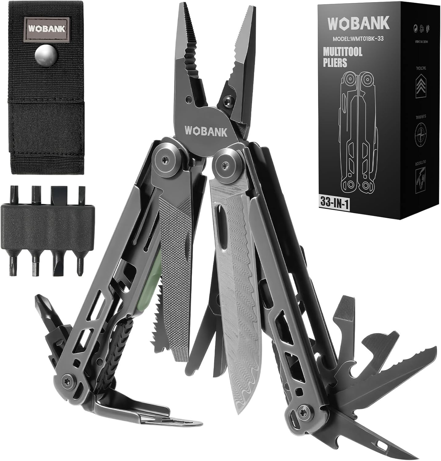Compact 33-in-1 Multitool with Damascus Knife & Luminous Strip for Low-Light Use