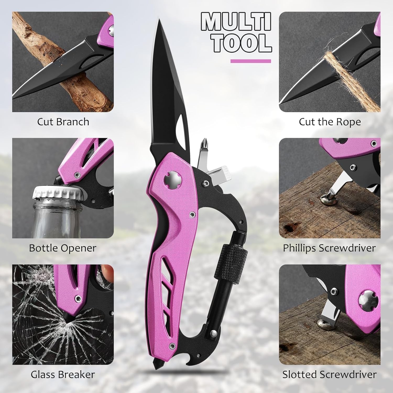 Pink Multitool Carabiner Knife for Women Men,Survival Gear for Camping