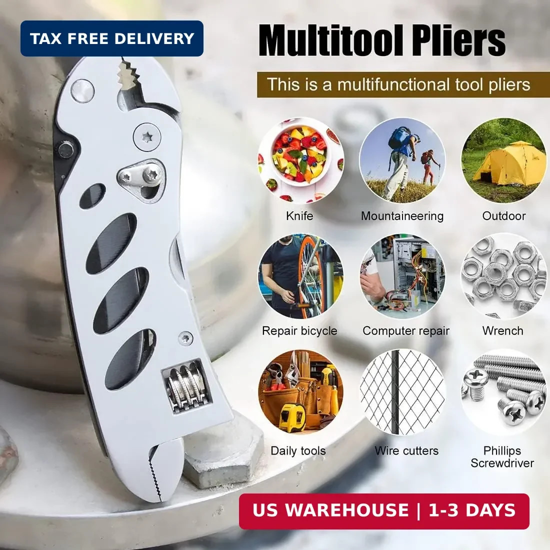 Multitool Wrench With 7 Tools/Pliers/Wire Cutter/Flat Screwdriver/Phillips Screw