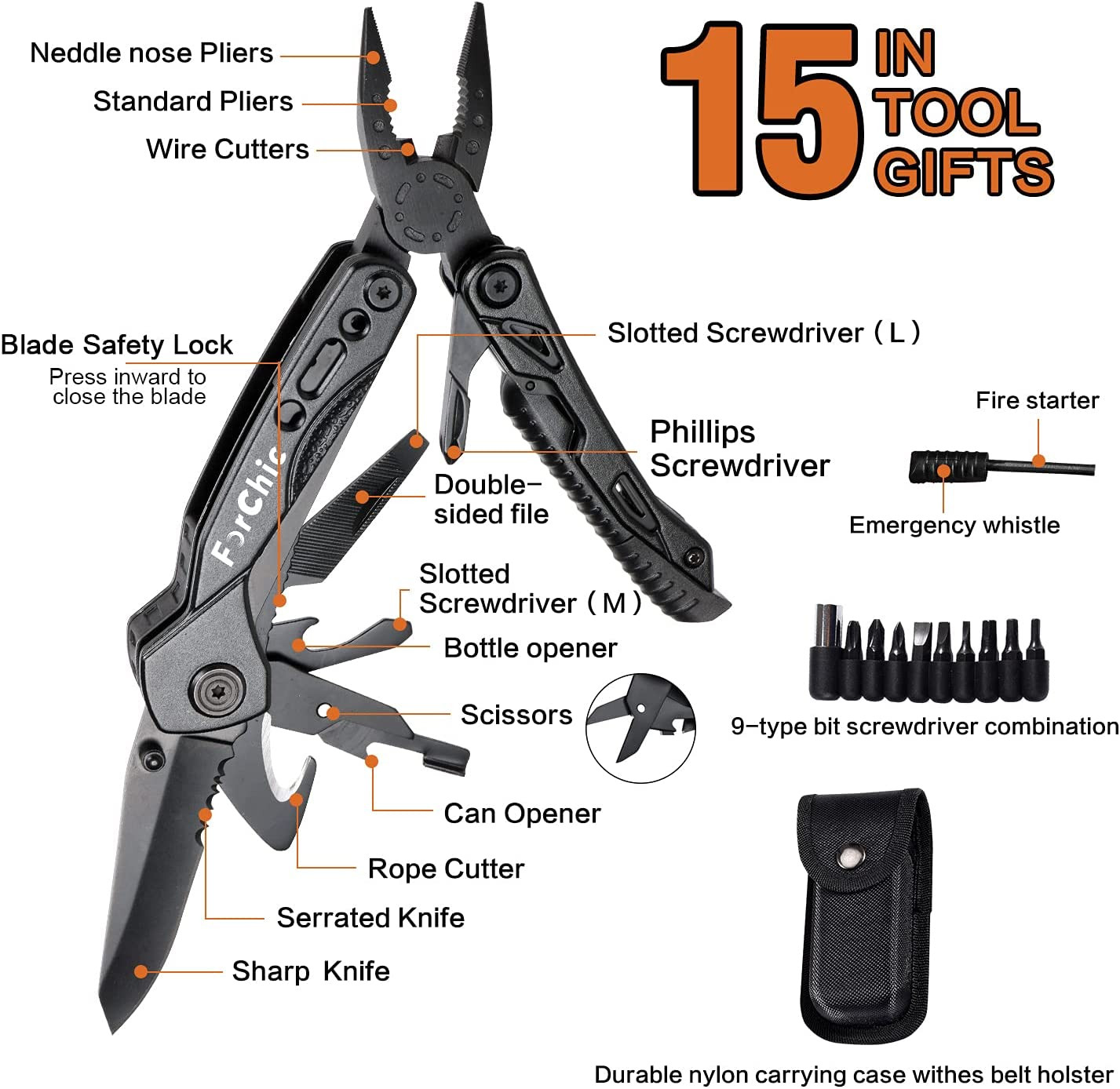 15 in 1 Multitool Pliers, Fire Starter,Whistle,Scissors,Screwdriver, Christmas B