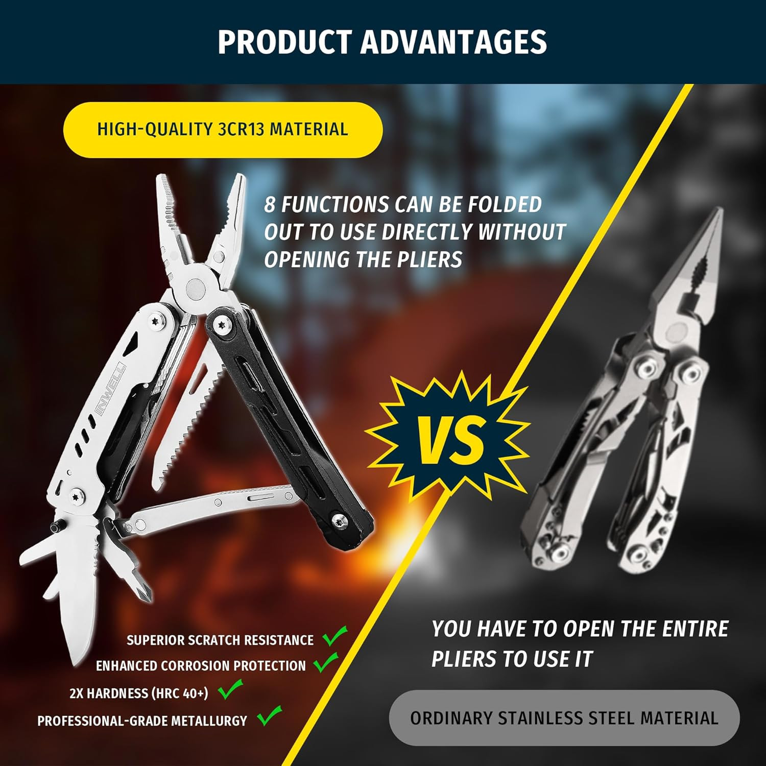 12-In-1 Multitool Pliers with Safety Lock, Fire Starter & Whistle, Stainless Ste