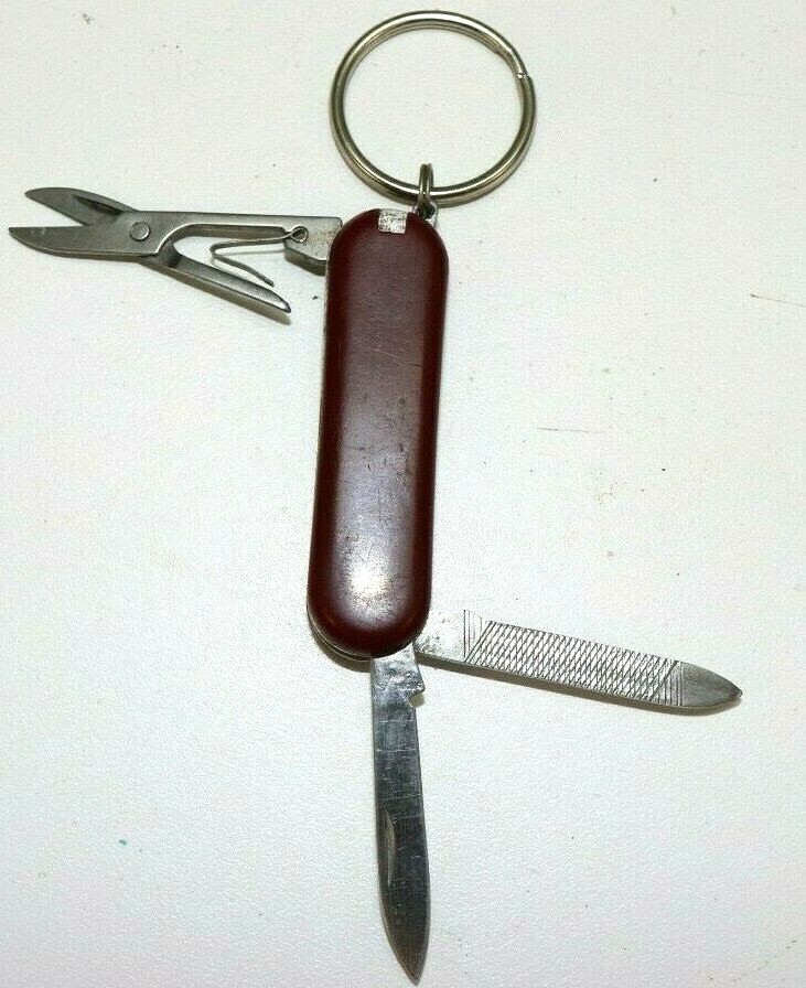 red pocket knife 3 multi-tool scissors, nail file, blade w keychain loop E2431