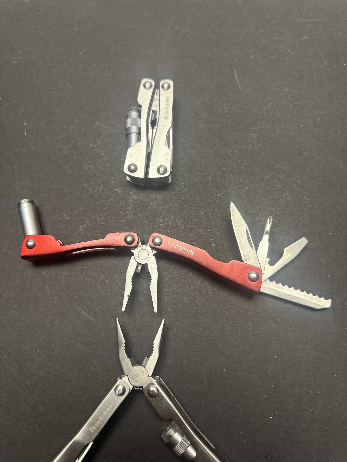 Lot Of 3 Mini Multitool Knife Brookstone with Flashlight Red, & Silver