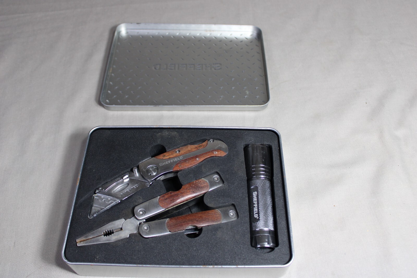 Sheffield 3 Piece Tool Set With Utility Knife, Flashlight & Multi Tool Pliers