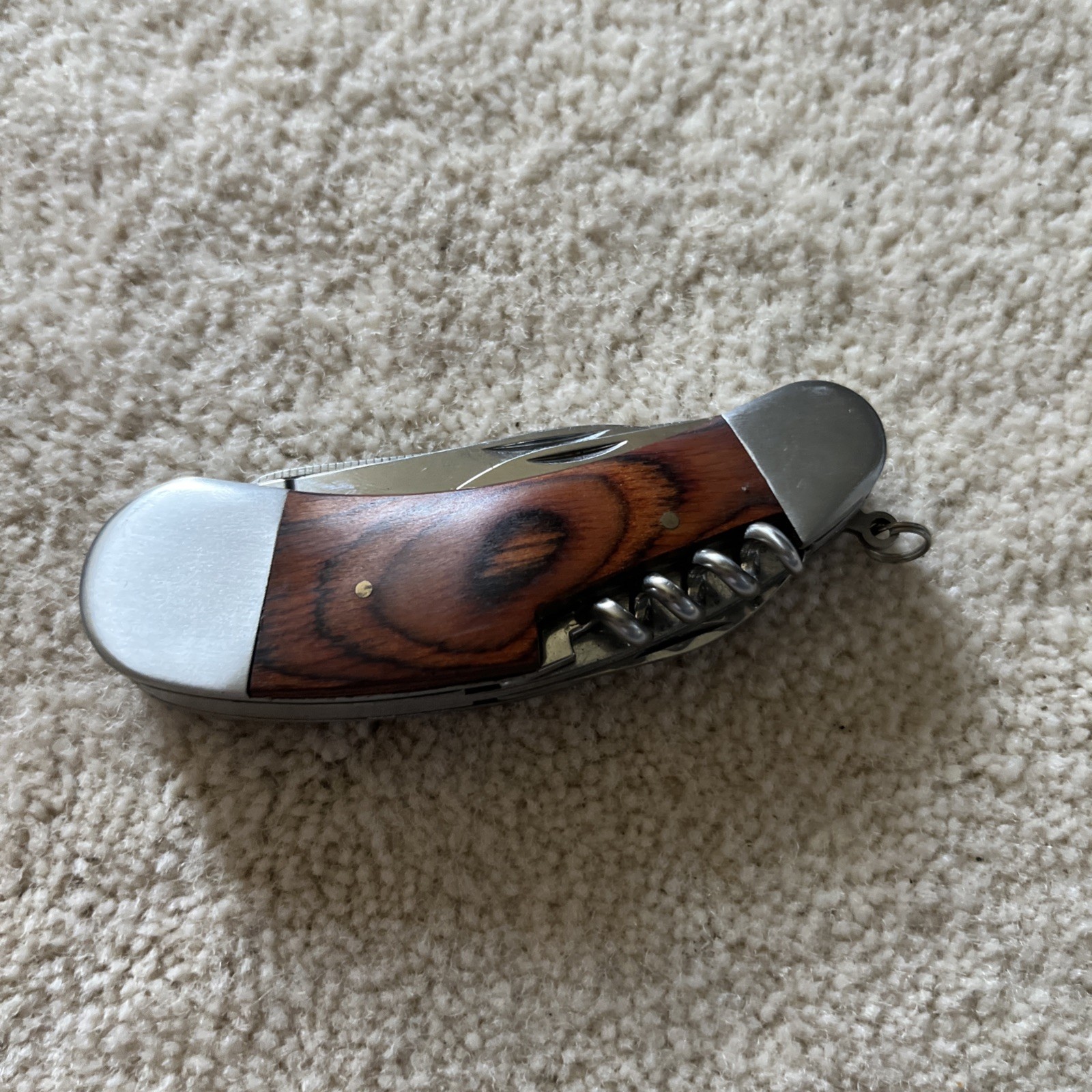 Camping Knife Wooden Handle with 7 Different Tools Attached with a Hanging Ring