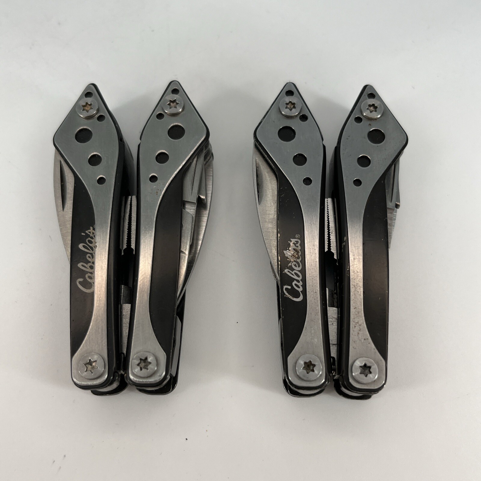 LOT OF 2 Cabela’s SILVER & BLACK Mini Multi-Tool Spring Open Pliers Scissors Saw