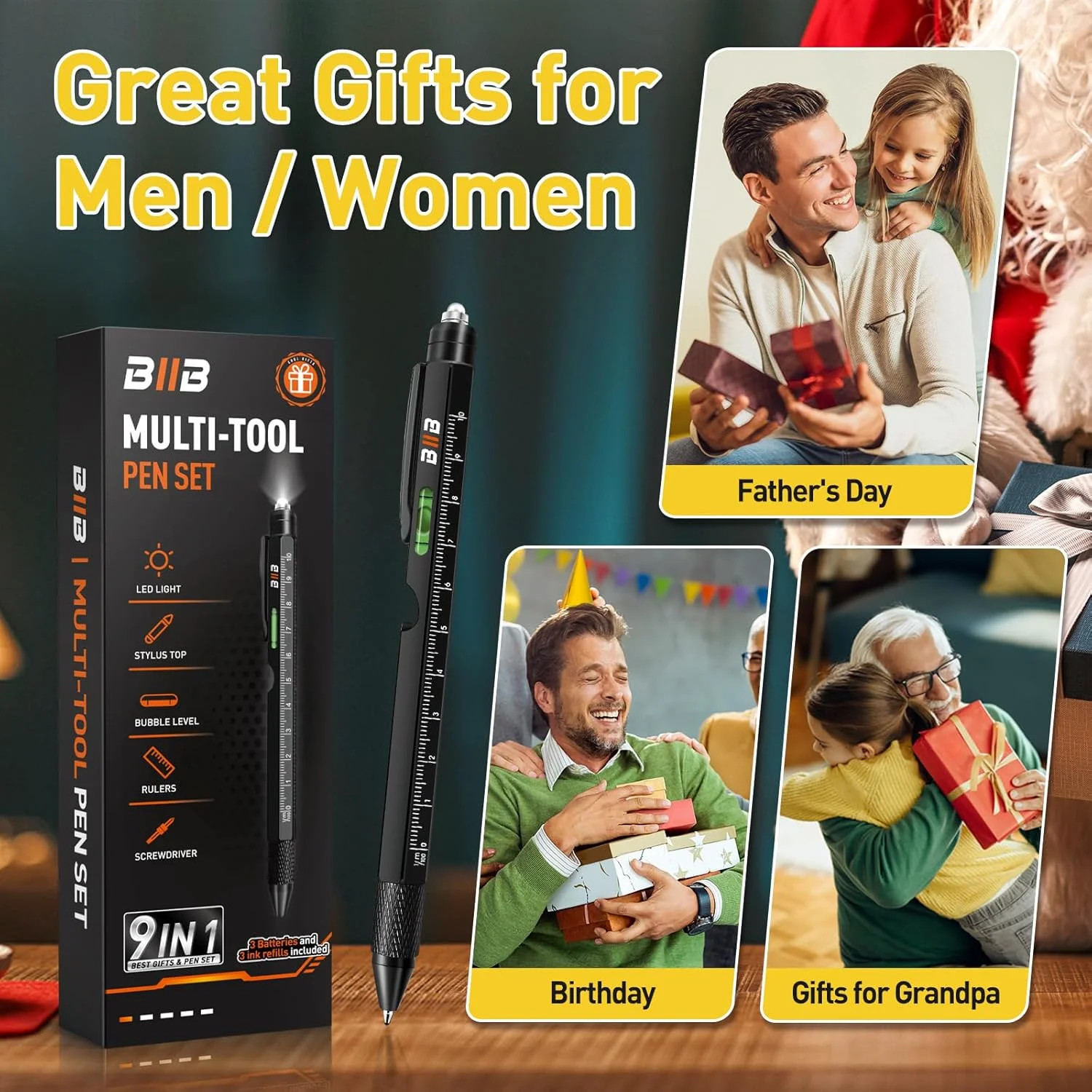BIIB Fathers Day Gift for Men 9 in 1 Multitool Pen, Mens Gifts for Him Dad Husba