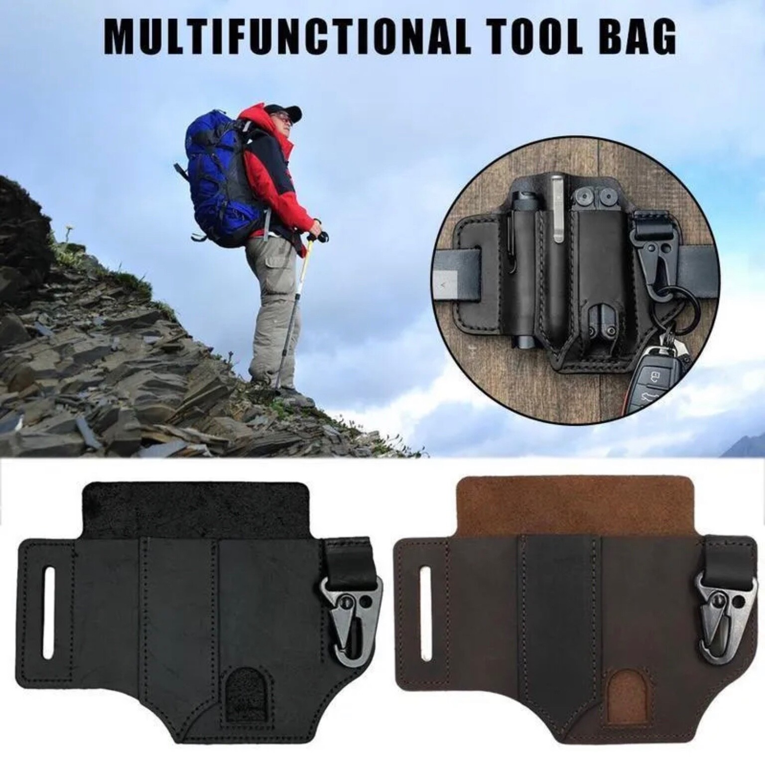 EDC Belt Organizer Multitool Leather Sheath for Leatherman Knife Pen Flashlight
