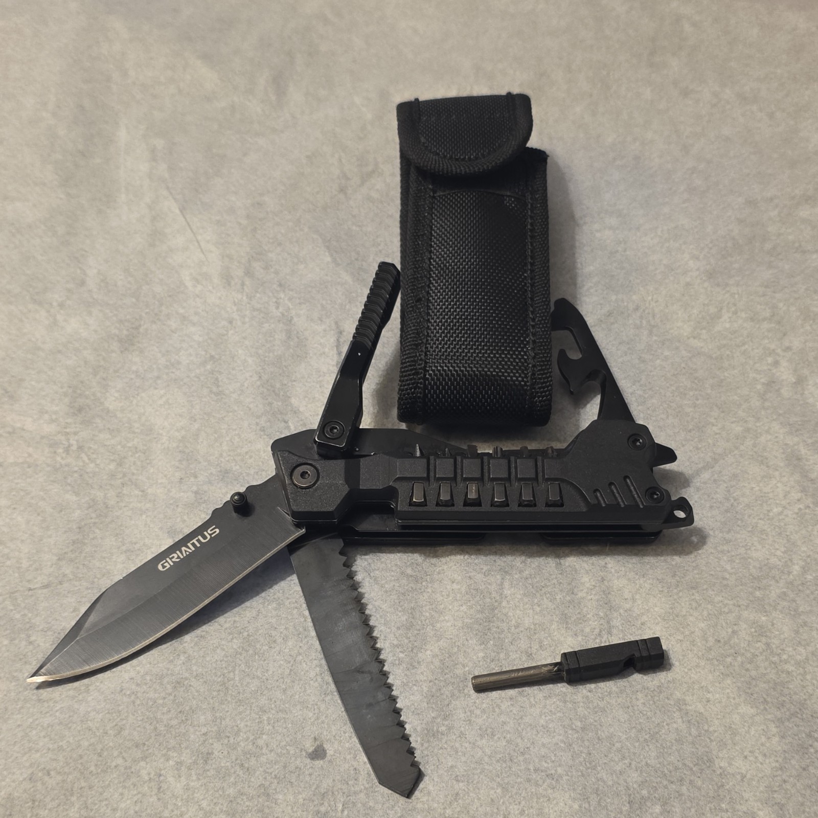 GRIATUS Multi-Tool Knife Stainless Steel Black with Sheath, Screwdriver