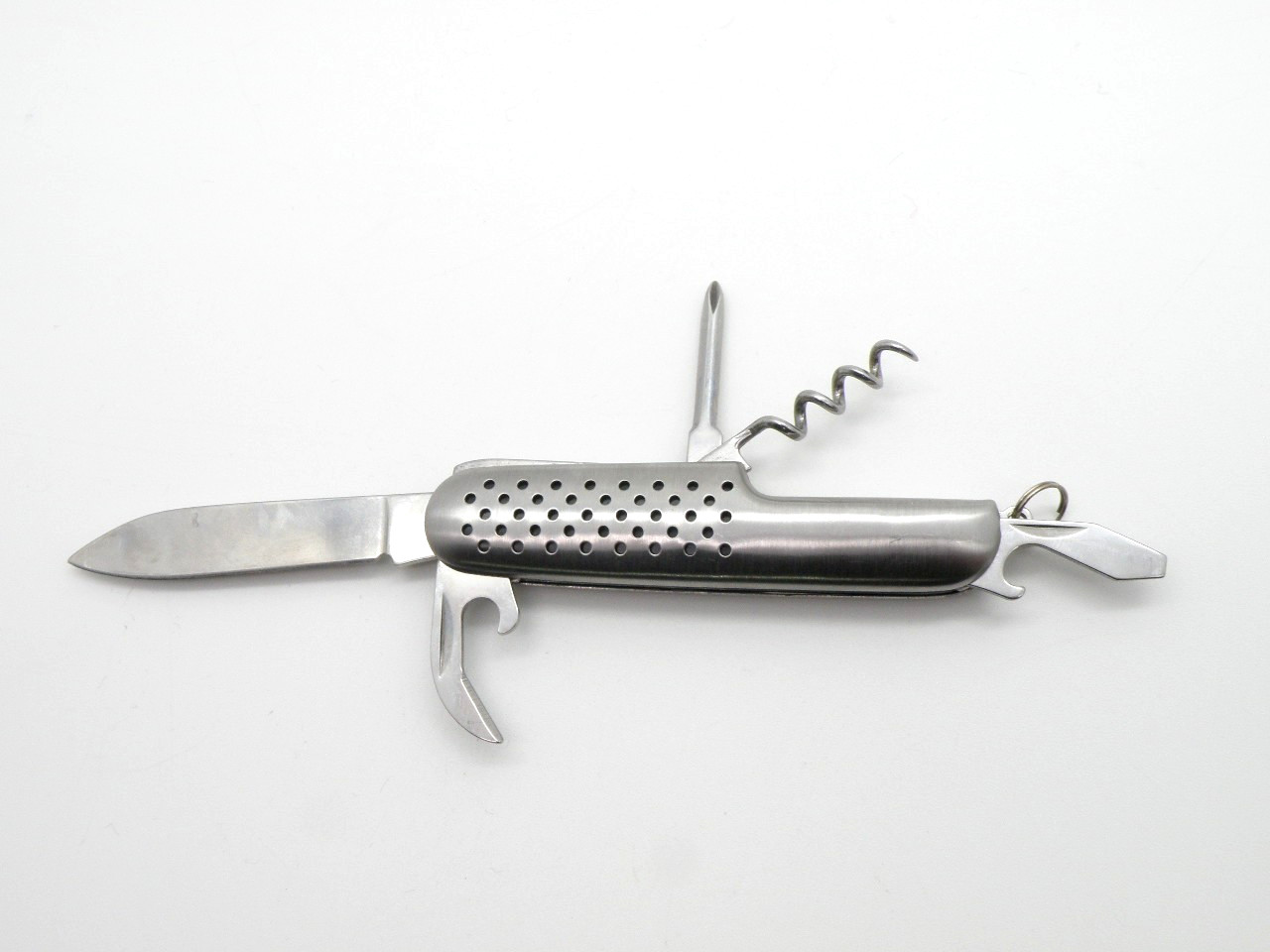Vintage Silver Tone Multi-Tool Pocket Knife Stainless Steel Perforated Handle