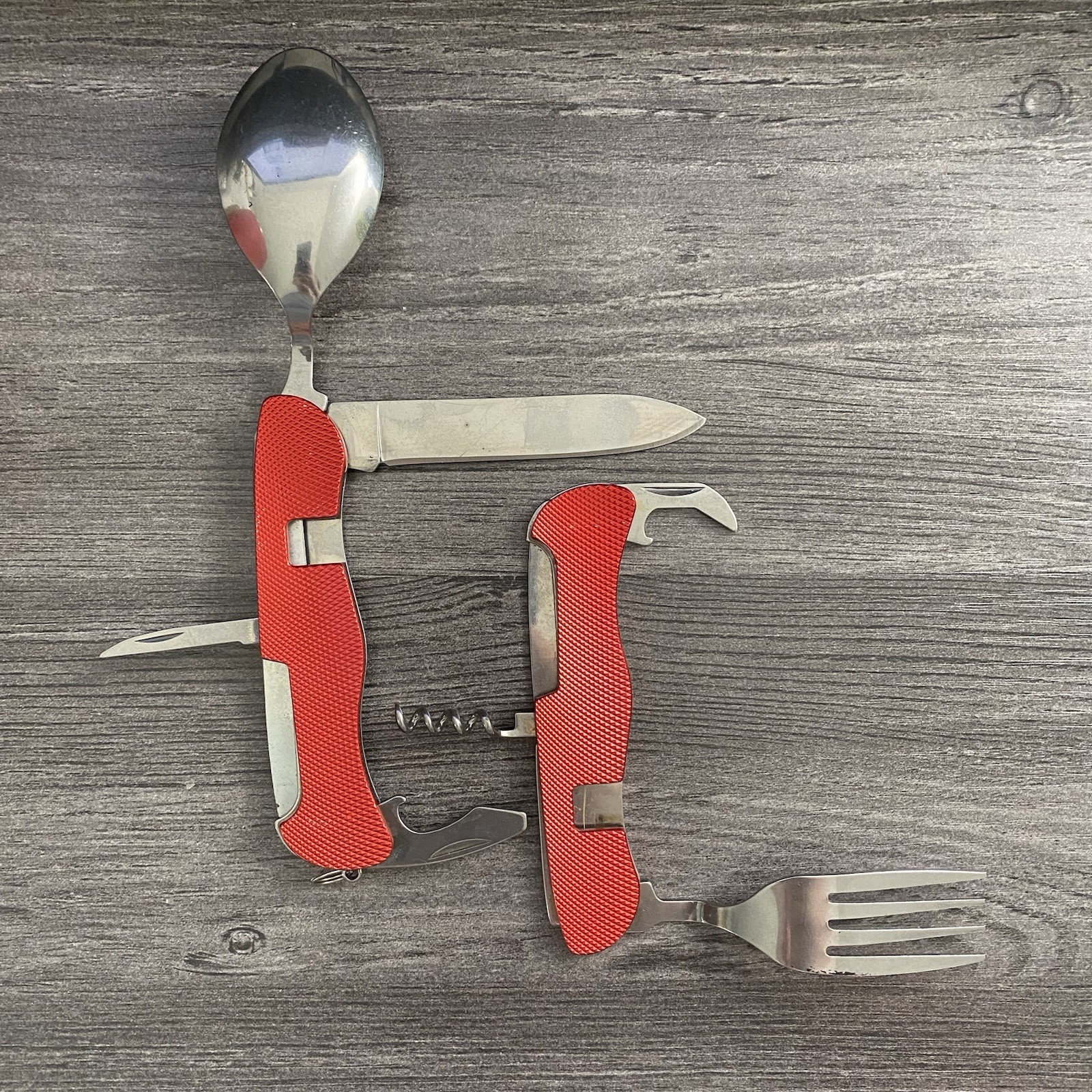 Set of 2 Folding Camping Multi-Tool Fork Spoon Knife Bottle Opener Cork Screw