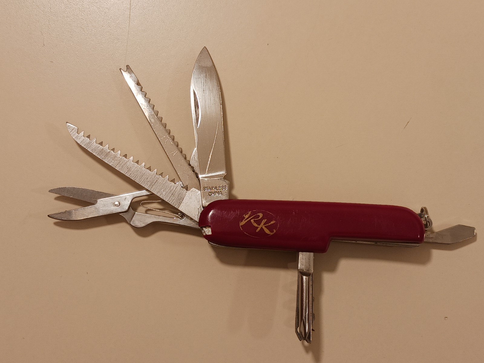 RK Logo Pocket Knife Multi-tool Stainless Steel Red Handle Camping Utility EDC