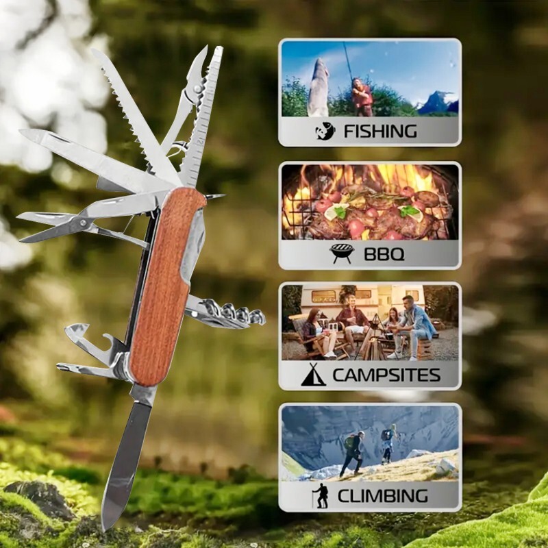 Outdoor Multi functional Tool Knife solid wood handle 15 in 1 tool