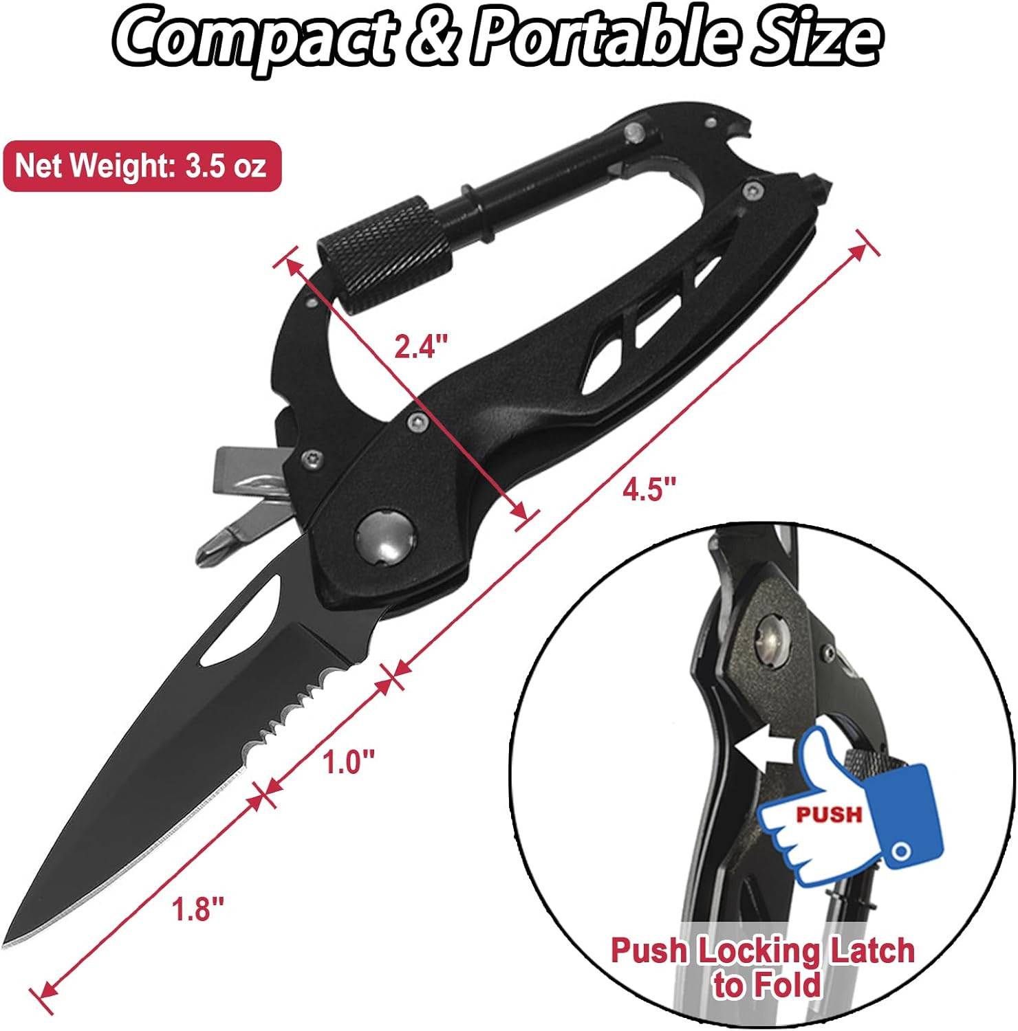 Carabiner Multitool, Carabiner with Pocket Knife, Serrated Folding Knife, Rope C