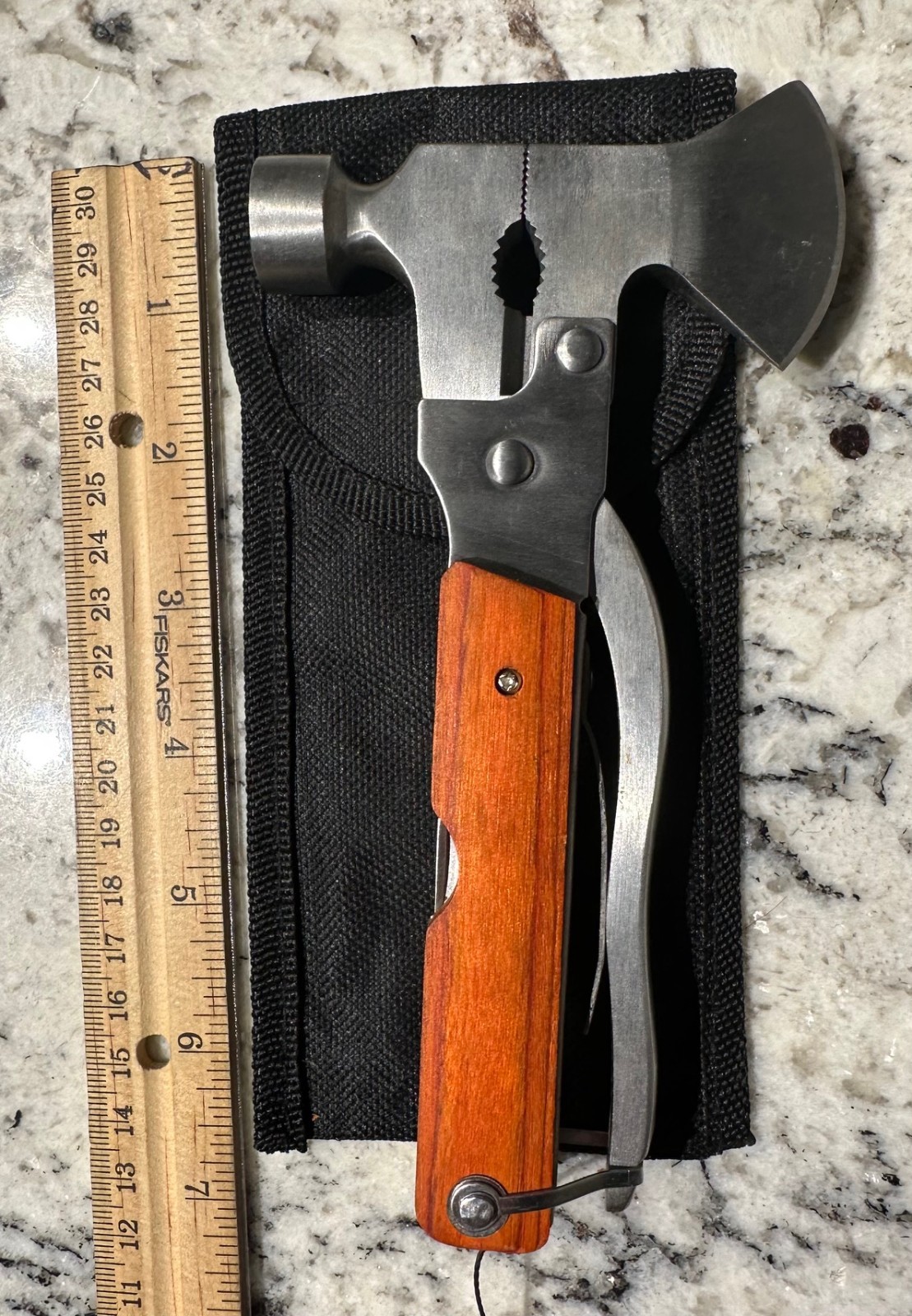 WOOD HANDLE Vintage Camping Axe Hammer Folding Multi Tool Knife Saw w/Sheath GUC