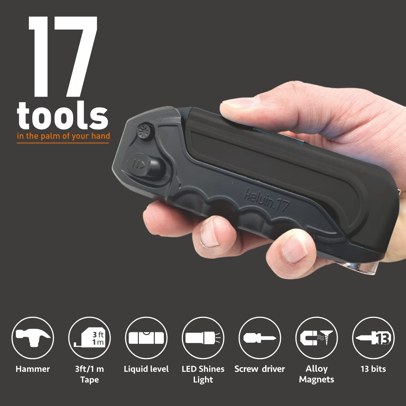 Kelvin Tools Kelvin 17 – The Everyday Multi-Tool with Flashlight (Black)