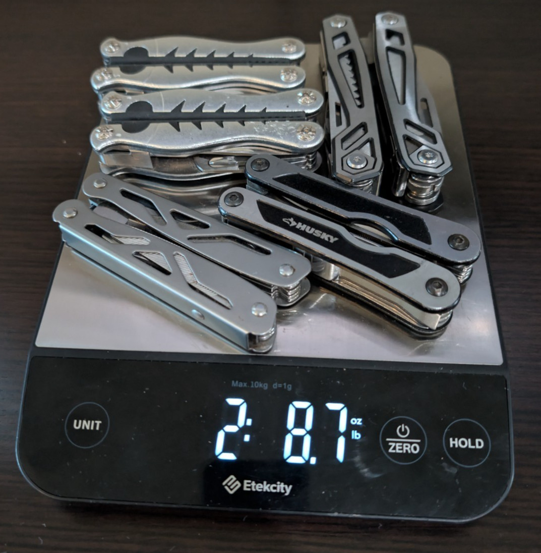 Lot of 5 Multi Tools Husky Stainless Pliers Knife Saw File Screwdrivers