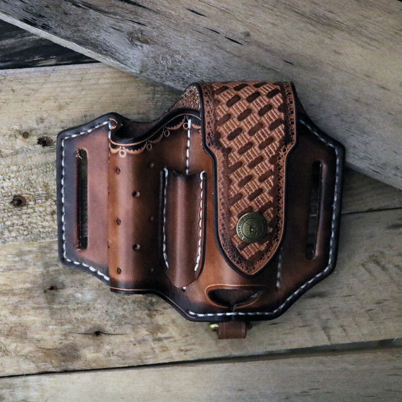 TOURBON 4-in-1 Leather Multitool Belt Holster for Flashlight/EDC/Pen Sheath Gift